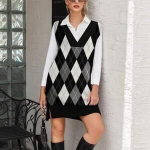 Women's Black Diamond Sweater Vest Dress Oversized Sleeveless Pullover V Neck